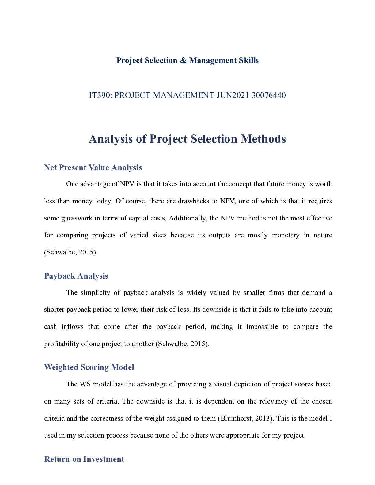 Preview of M1A1 Project Selection   Management Skills    Project Selection & Management Skills  IT390